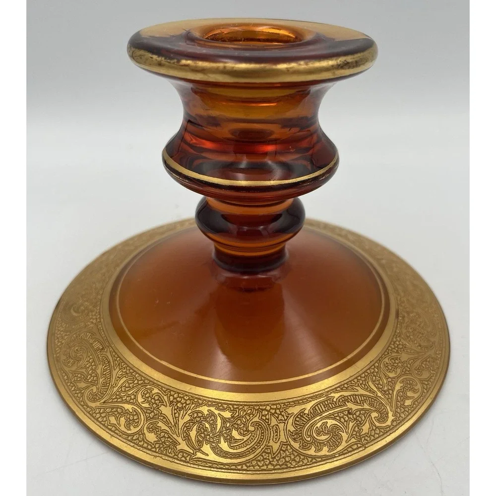 Vtg. Amber Glass Candle Holders Candlestick Pair Gold Encrusted Base Trim 1920's